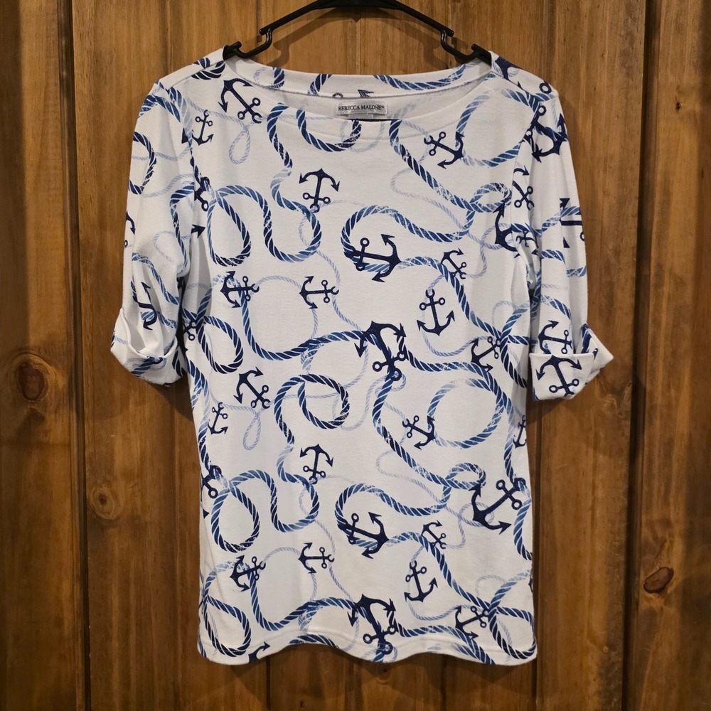 Rebecca Malone T-Shirt Top Womens Small‎ White Blue Nautical Anchor Rope